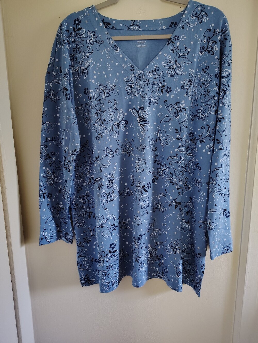 J. Jill Blue Paisley V Neck Tunic Top Large NWT Supima Cotton Casual Flowy Boho